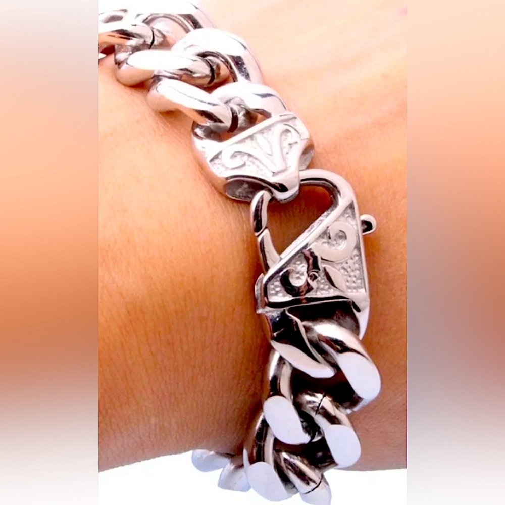 Heavy 55 ML Cuban Stainless Silver Chain Link Unisex Embossed Fashion Bracelet